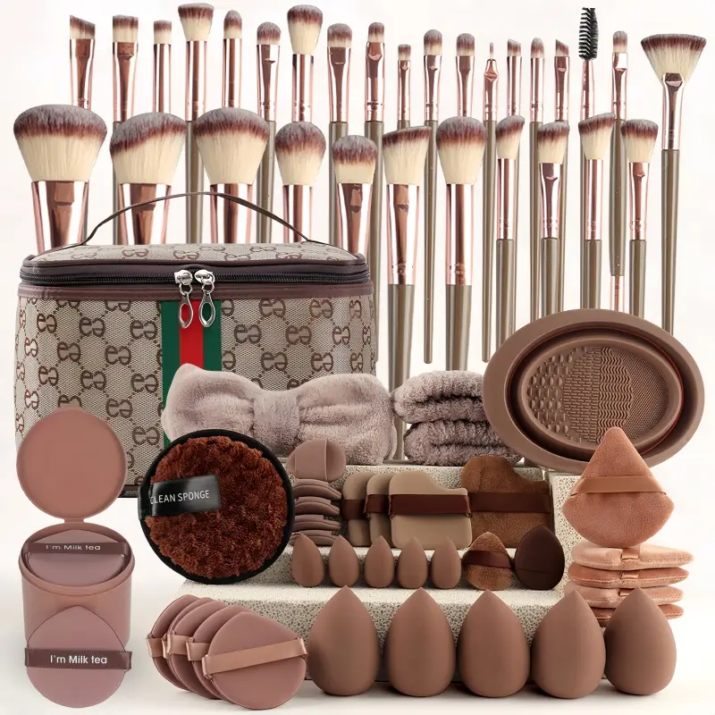 75-Piece Synthetic Makeup Brush Set - Coffee Brown Full Face & Eyeshadow Blending Kit with Makeup Sponges, Powder Puffs, Cleaning Tool, Travel Case - Professional Beauty Tools for Beginners