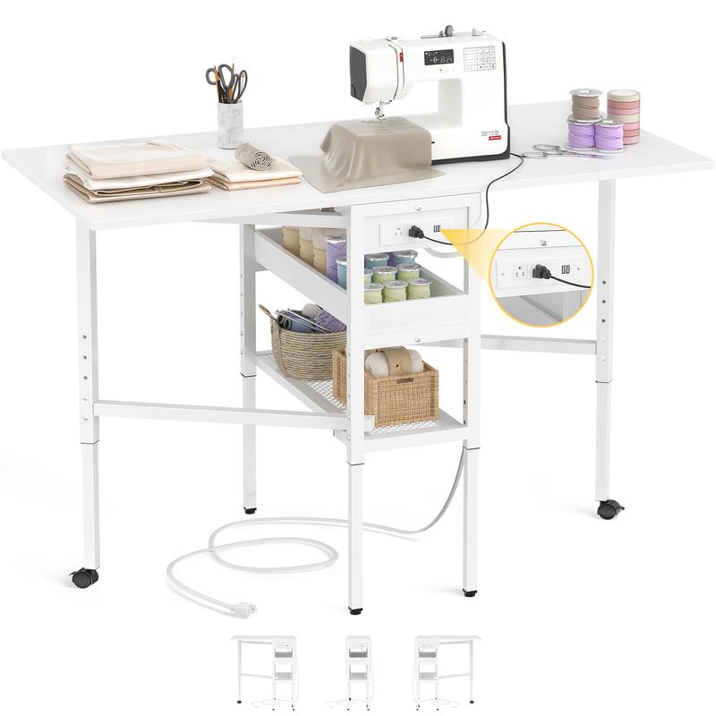Height Adjustable Folding Sewing Cutting Table with Charging Station 50 Inch Storage Craft Table for Sewing Room & Craft Room