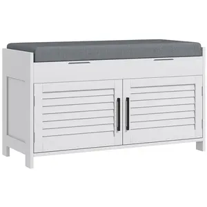 HOMCOM Shoe Bench, Entryway Bench with Shoe Storage, Cushion, Hidden Compartments, Adjustable Shelves and Shutter Doors, 35.4" Shoe Organizer for Entryway, Hallway, Holds Up to 352 lbs., White