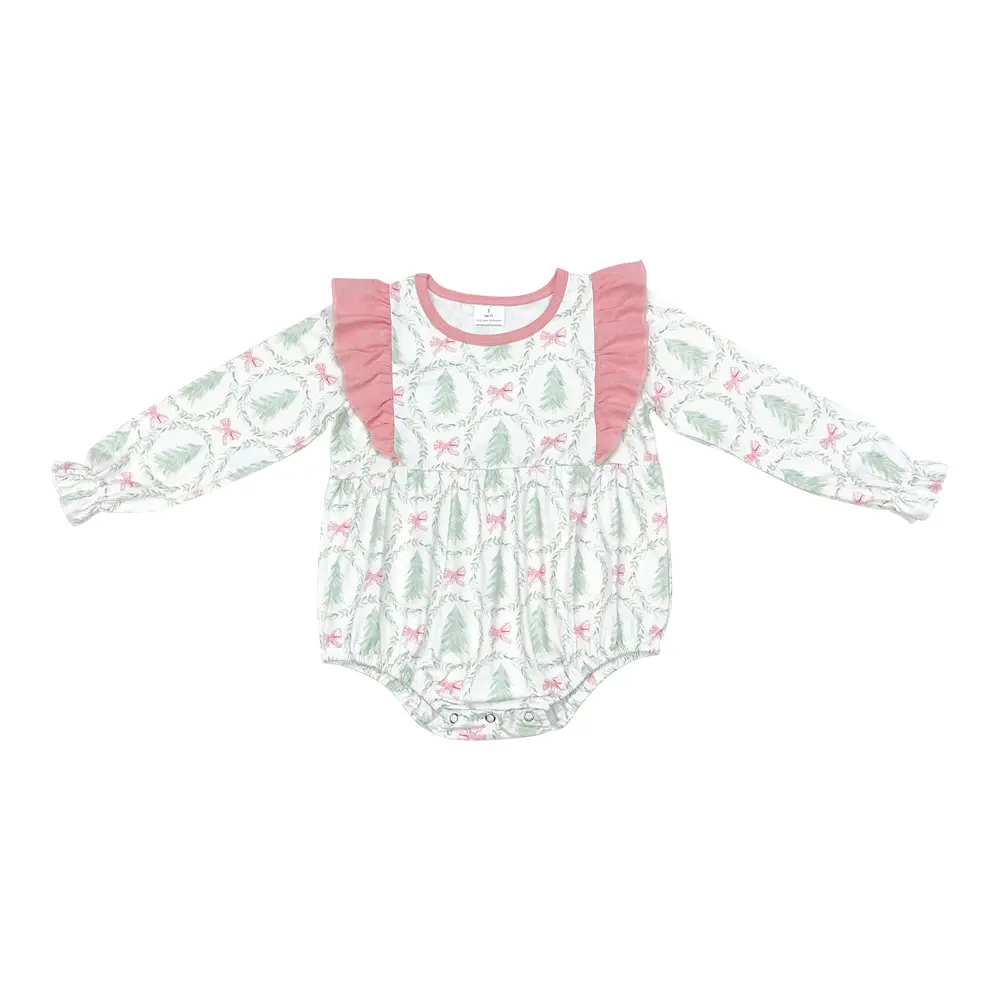 Baby Girl Christmas Tree Bubble Romper, Soft Milk Silk Long-Sleeve Holiday Bodysuit with Easy-Change Snaps for Infants & Toddlers, Baby Girl Clothes, Infant Toddler Clothes