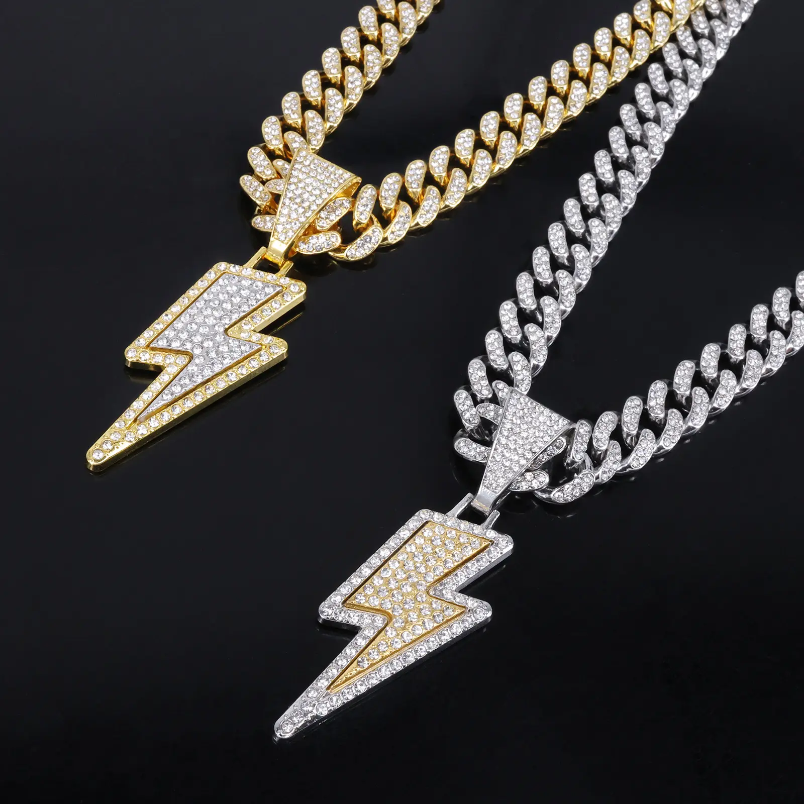 Men's Unisex Hip Hop Lightning Bolt Pendant Necklace with Cuban Link Alloy Chain - Rhinestone Bling Geometric Heart Edgy Trendy Rap Streetwear Costume Jewelry, Diamond Studded, Chain & Link, Choking Hazard Small Parts, Hip Hop Jewellery