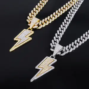 Men's Hip Hop Lightning Pendant with Cuban Link Chain - Trendy Edgy Alloy Rhinestone Bling, Rap Streetwear Jewelry