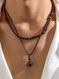 Men's Fashion Necklace Set, Casual Style Colorblock Design, Artificial Crystal & Wood Beads, Perfect Gift for Him, All Seasons Wear, Wooden Beads