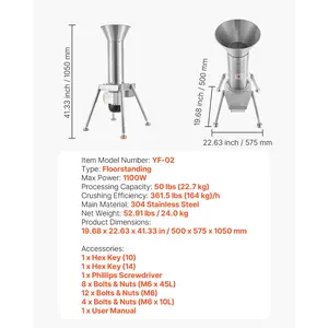 VEVOR 1100W Electric Fruit Apple Crusher, SUS304 Freestanding Crushing Machine, Grinds Whole Apples Up to 3.15 Dia, 164 KG/H Capacity, Cider Press for Apples, Pears, Pineapple, Guava, Carrot, Potato