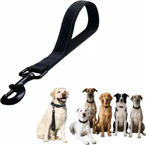 Heavy Duty Nylon Dog Leash with Padded Handle, Black Reflective Short Lead, 12 Inch for Medium Large Dogs, Double Layer Durable Walking Training
