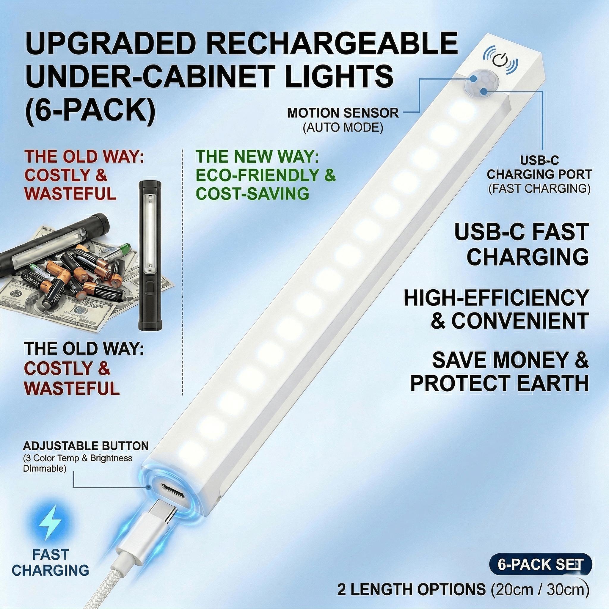 Ultra Slim Under Cabinet LED Lighting 6 Pack 20cm 30cm, Motion Activated, 3 Modes AUTO/ON/OFF, 3 CCT Adjustable, Dimmable, USB Rechargeable, Magnetic No Drill Lights for Kitchen Counter Closet Garage Stairs Ultra Slim Under Cabinet LED Lighting 6 Pack 20cm 30cm, Motion Activated, 3 Modes AUTO/ON/OFF, 3 CCT Adjustable, Dimmable, USB Rechargeable, Magnetic No Drill Lights for Kitchen Counter Closet Garage Stairs