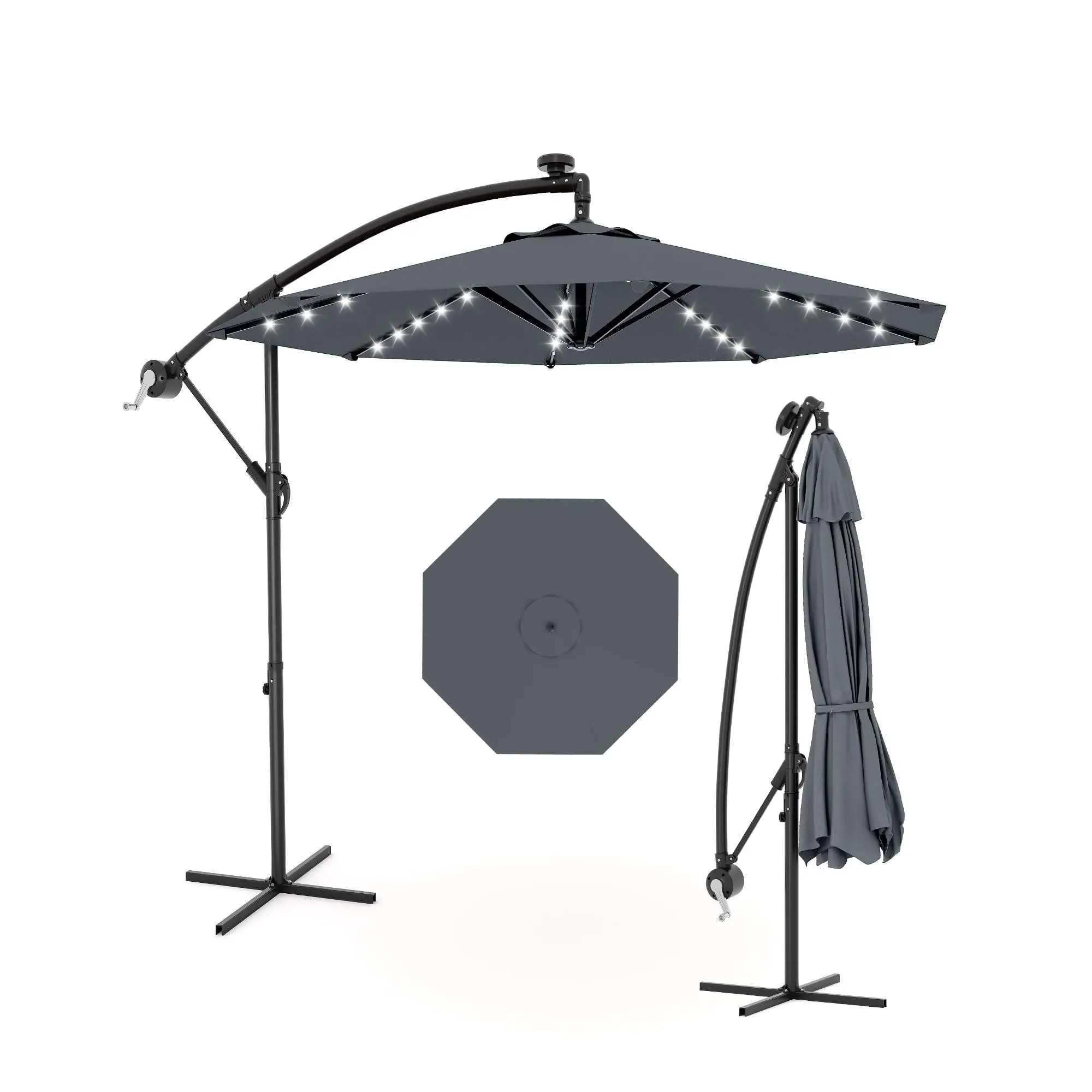 10ft Outdoor Cantilever Hanging Offset Umbrella with Solar Powered LED, UV Protection Waterproof for Garden, Deck, Backyard, Pool (Grey)