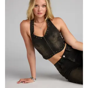 Studded And Snatched Denim Crop Top