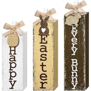 3 Pcs Easter Table Decor Easter Tiered Tray Decor Wood Bunny Block Sign Rustic Farmhouse Wooden Tabletop Centerpieces for Spring Decorations Home Shelf Office Kitchen Desk Party Supply