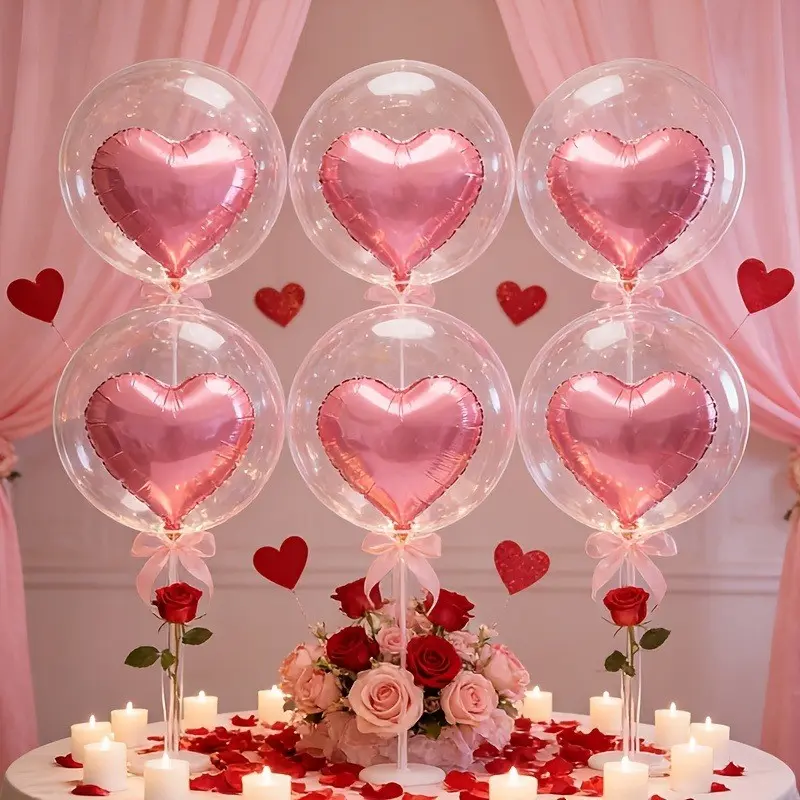 12pcs Creative Proposal Balloon Set, Includes 6 Transparent Plastic Round Balloons, 6 Heart Foil Balloons, Perfect for Birthday, Valentine's Day, Wedding, Party Decoration, Heart Shaped Balloons