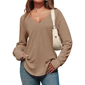 Imily Bela  Womens Deep V Neck Tunic Tops Long Sleeve Oversized Casual Loose Fit Curved Hem T Shirt