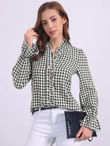 INSPIRE CHIC Women's Gingham Tops Ruffle V Neck Button Front Dressy Casual Long Sleeve Plaid Blouse Shirt