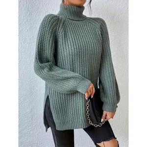 Elegant Turtleneck Knit Sweater with Side Slit - Chic Long Sleeve Pullover for Women, Perfect for Fall & Winter