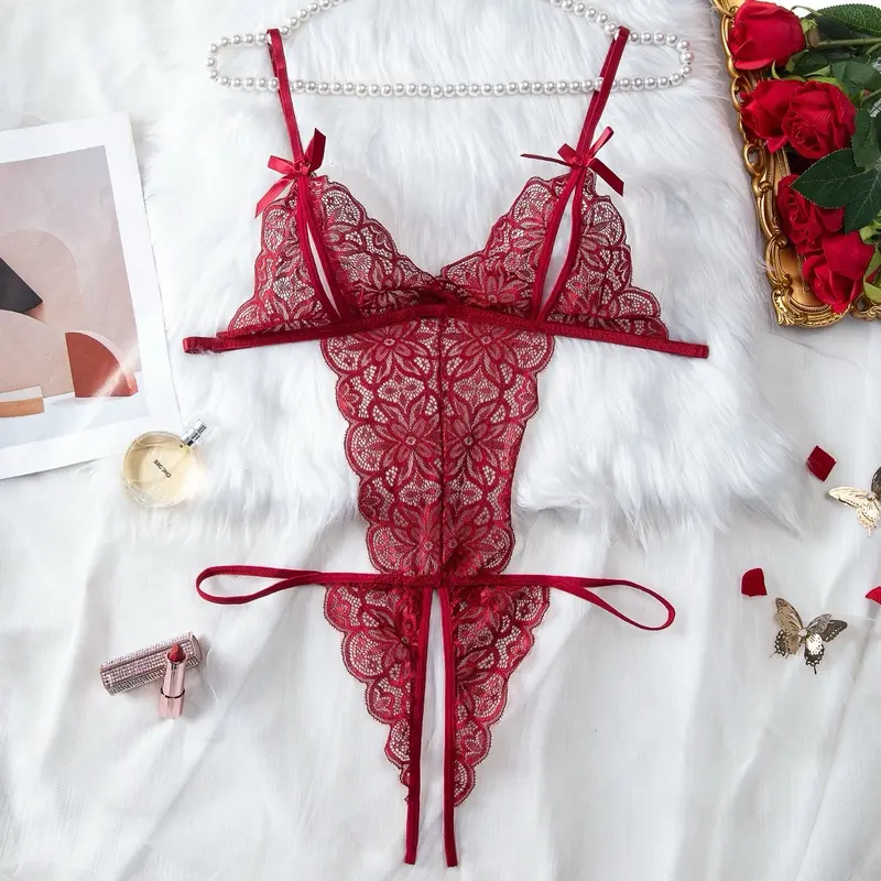 Sexy Deep V Lace Teddy Bodysuit One-Piece Nightwear Crotchless Spring Lingerie Adjustable Straps Comfortable Womenswear Aesthetics Red Basic Minimalist