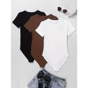 Solid Bodysuit 3 Pack, Versatile Crew Neck Short Sleeve Slim Bodysuit For Spring & Summer, Women's Clothing