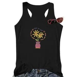Women'sDaisy Vase Print Sleeveless Vest - Soft Stretchy Cool & Breathable Top with Back Cut-Out, Slim Loose Fit for Layering, Summer Beachwear, Casual Blouse - Machine Washable Skin-Friendly Dressy-Vest for Body Types