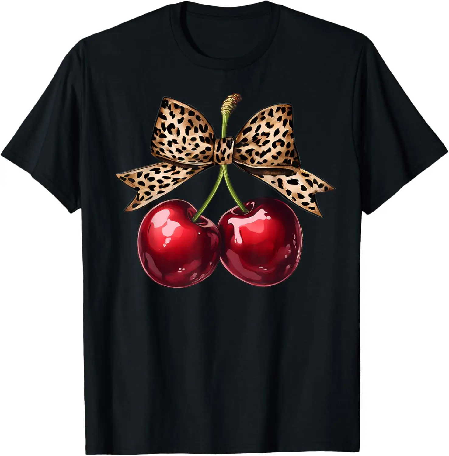 Women's 100% Cotton Short-Sleeve Round Neck Casual Everyday Streetwear T-Shirt with Retro Cherry Leopard Coquette Bow Graphic, Shortsleeve, Top, Tshirt, Vintage, Cherry Bow