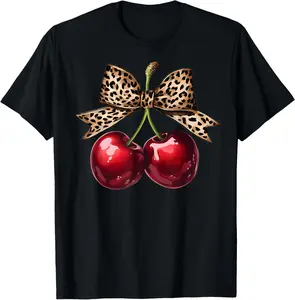 100% Cotton 100% cotton Retro Cherry Leopard Coquette Bow Cute Cherries Women Girls T-Shirt women graphic shirts