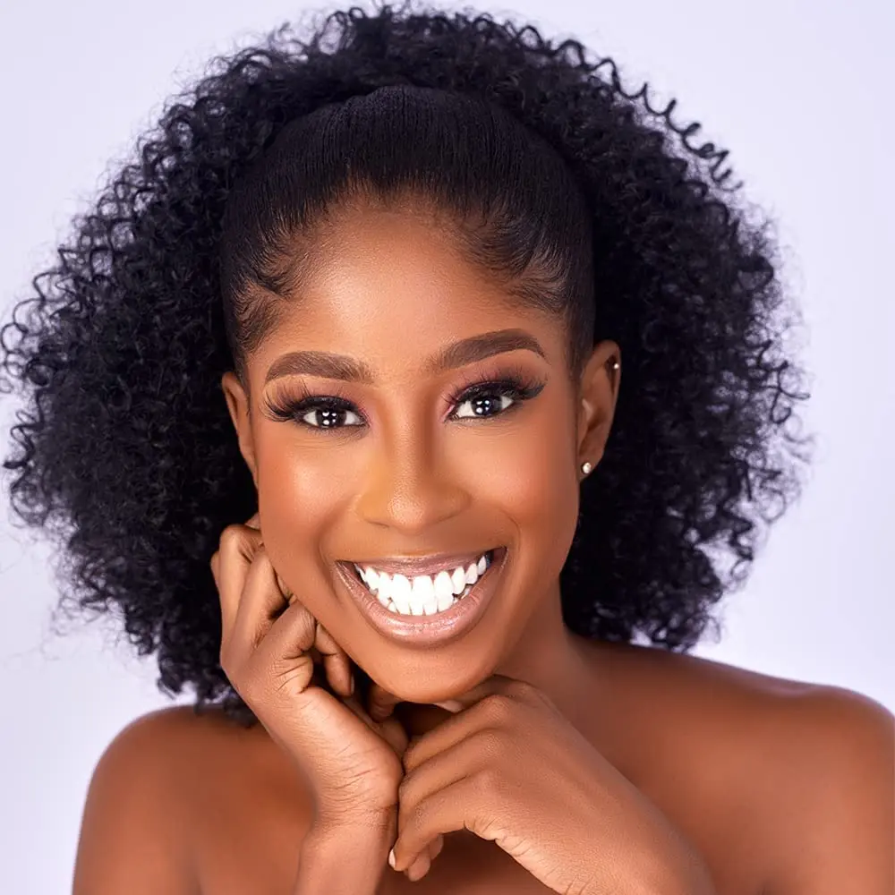 Afro Puff kinky curly Drawstring Ponytail Extension for Black Women Synthetic Short Afro Kinkys Curly Afro Bun Extension Hairpieces Updo Hair Extensions with Two Clips(1B)