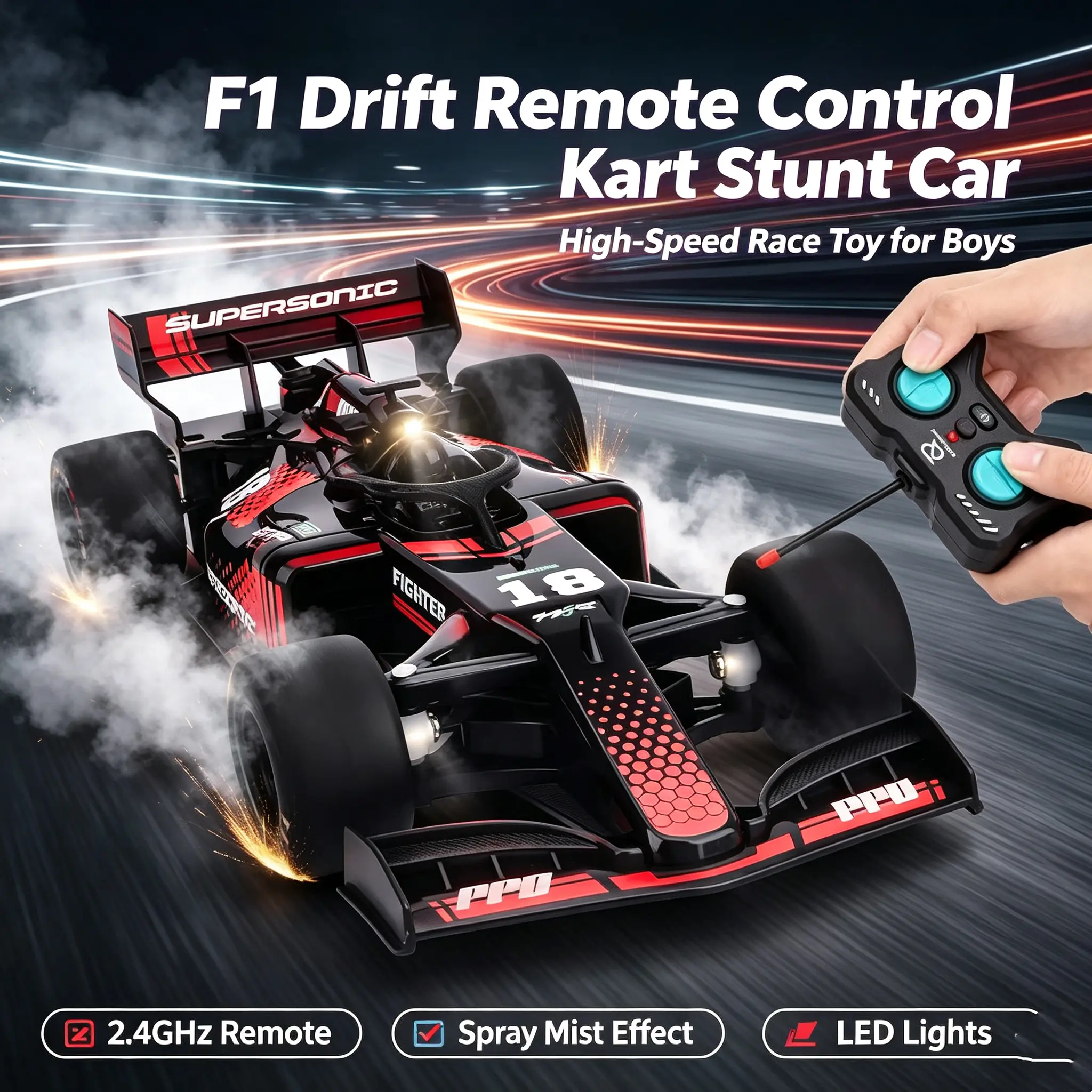 2.4GHz Remote-Control F1 Drift Kart Toy, High-Speed RC Stunt Racing Car with Mist Spray, Flashing Lights, Cool Gift for Race Car-Loving Kids Boys