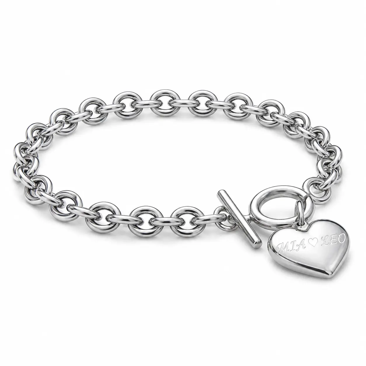 Personalized Engraved Heart Toggle Chain 8 inch Bracelet for Men Women | Custom Name Stainless Steel Bracelet | Unique Gift