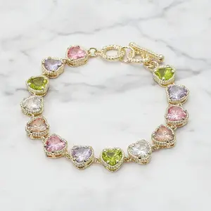 Multicolor Pavé Heart Toggle Bracelet 14K Gold Plated CZ Link