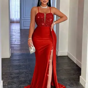 High-Waist Backless Sequin Formal Gown with Slit – Elegant Satin Sash Prom & Evening Dress