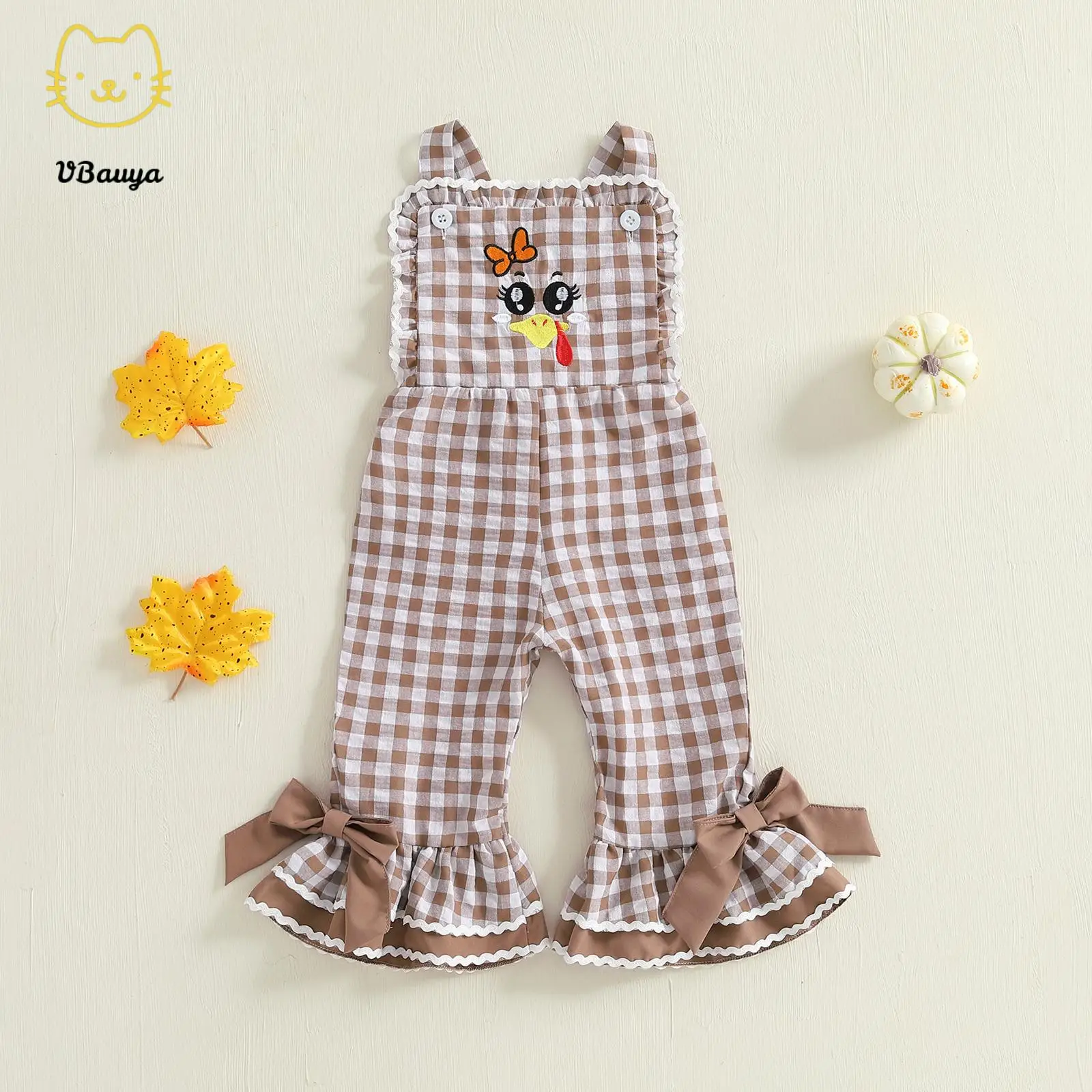 Kids Girls Overalls, Plaid Embroidery Turkey Flare Pants Thanksgiving Clothes for Casual Daily