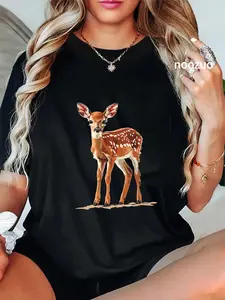 100% Cotton Unisex Happy deer fawn animal T-Shirt Cute deer fawn Casual Top