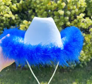 White Cowgirl Hat with Feather Boa, Roayl Blue Feather, Wide Brim Hat for Women, Perfect for Bachelorette Parties and Rodeos hats for