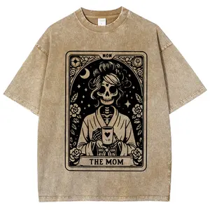 Mom Tarot Graphic Print washed T-shirt, Short Sleeve Crew Neck Casual Top for Summer & Spring, Women's Clothing
