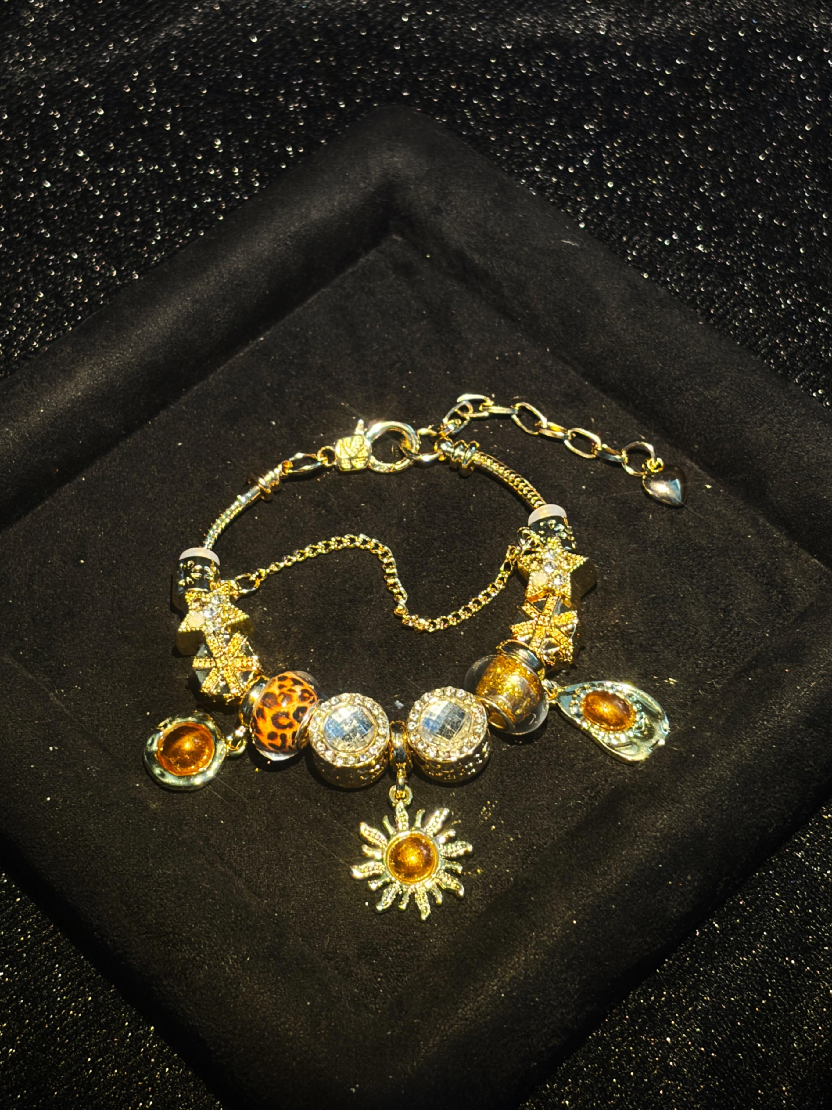 Women's Retro Bohemian Statement Bracelet - Gold-Tone Beaded Design with Leopard Print Bead Dangle Sun Charm, Fashion Costume Jewelry Women's Retro Bohemian Statement Bracelet - Gold-Tone Beaded Design with Leopard Print Bead Dangle Sun Charm, Fashion Costume Jewelry