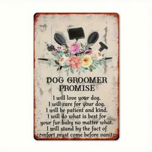 Vintage Metal Pet Grooming Sign Wall Decor 12x8 Inch, Rustic Aluminum Dog Salon Art with Floral Scissors & Heart Promise Plaque