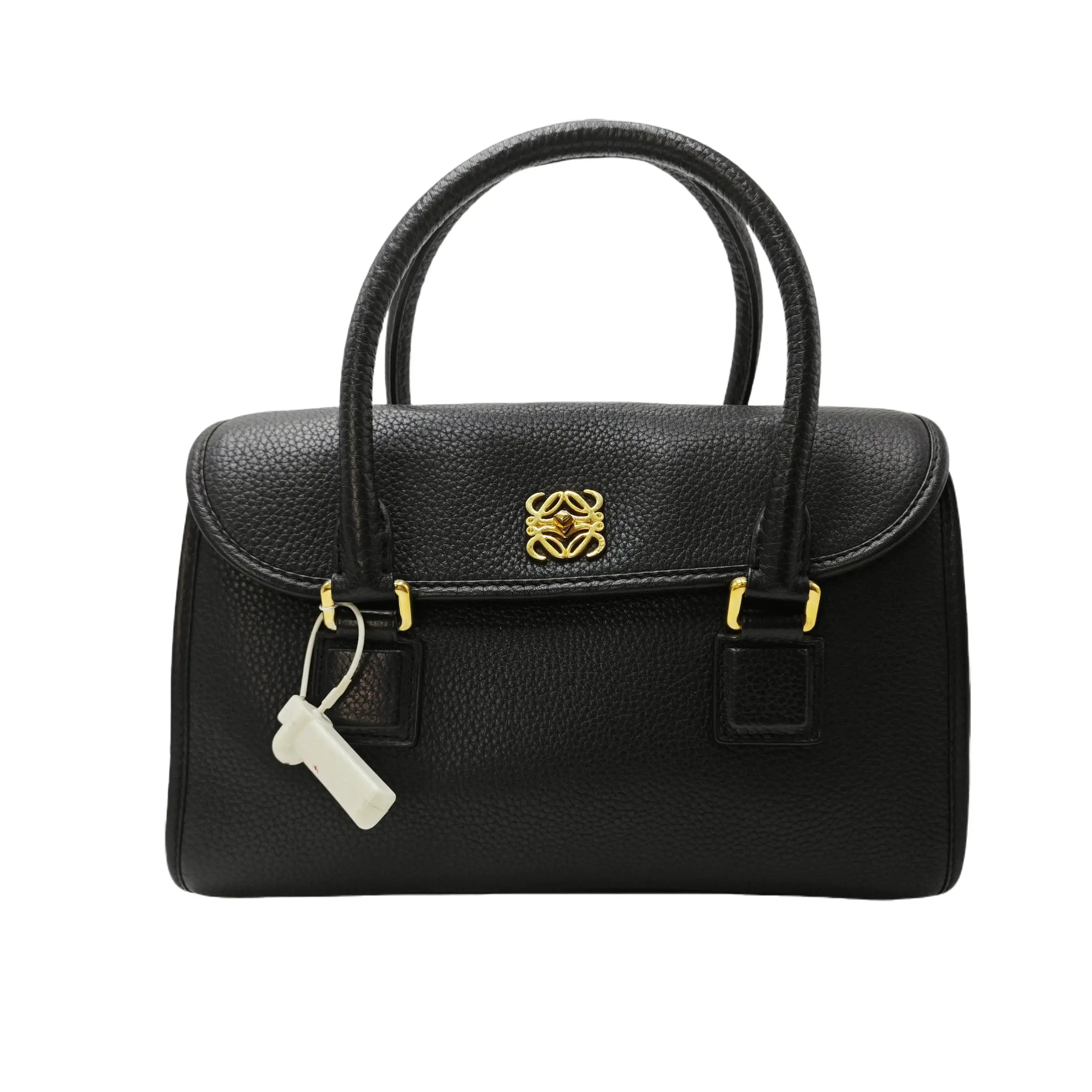 Pre-owned Loewe Calfskin Crossbody Bags Vintage Anagram Boston Handbag Black Pebbled Gold Tone Anagram Hardware