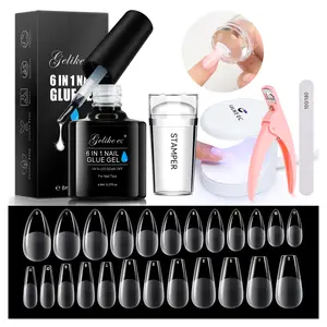 Gelike ec Gel Nail Kit for Manicure - French Nails Stamp, 6 in 1 Gel Glue Adhesive, 240PCS Soft Almond & Square Full Cover Tips, UV Lamp - Easy for Salon Home Professional Beginners