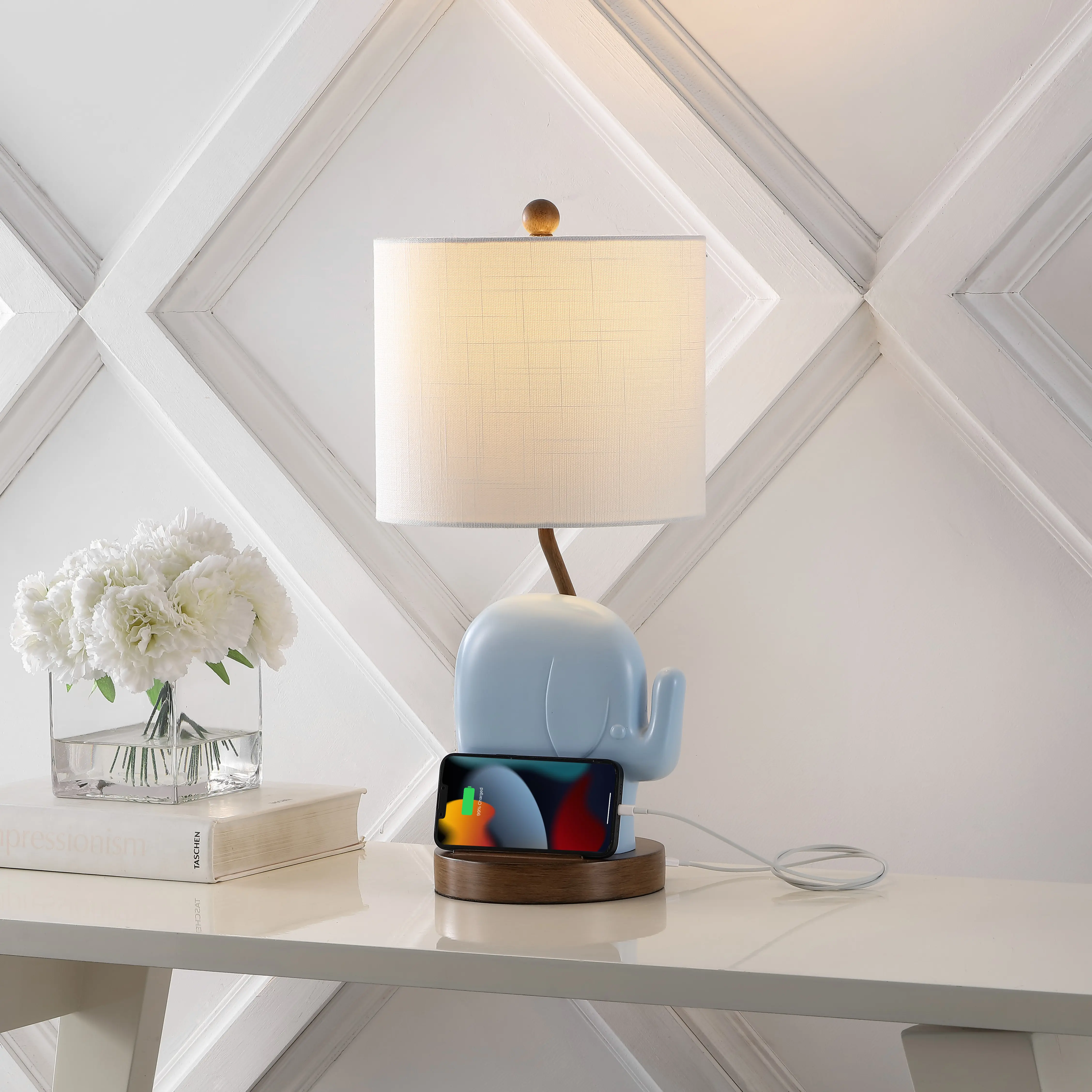 JONATHAN Y Ellie Bohemian Designer Iron/Resin Elephant LED Kids' Table Lamp with Phone Stand and USB Charging Port , for bedroom, living room, foyer, hallways, dining room, dorms