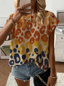 Spring Summer Women's Knit Top, Round Neck Shoulder Straps Loose Fit, Colorblock Leopard Print Short Sleeve, Casual Elegant Chic Commute Wear, Womenswear