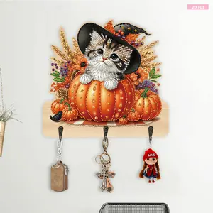 Halloween Theme Wood 2D/Flat DIY Creative Handmade Gift for Various Occasions Diamond Painting Art Hooks Home Decor Craft Kit Diamond Art Painting Hook Kit for Wall Decoration and Space-Saving Storage