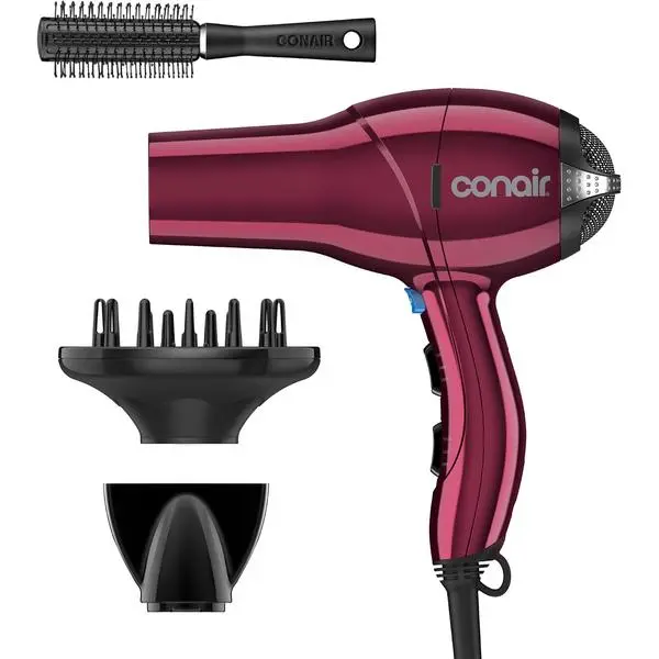 Conair Hair Dryer with Diffuser, Concentrator & Round Brush, Burgundy | 1875W blow dryer for all hair types, includes 2 attachments and a round brush for added volume and defined texture