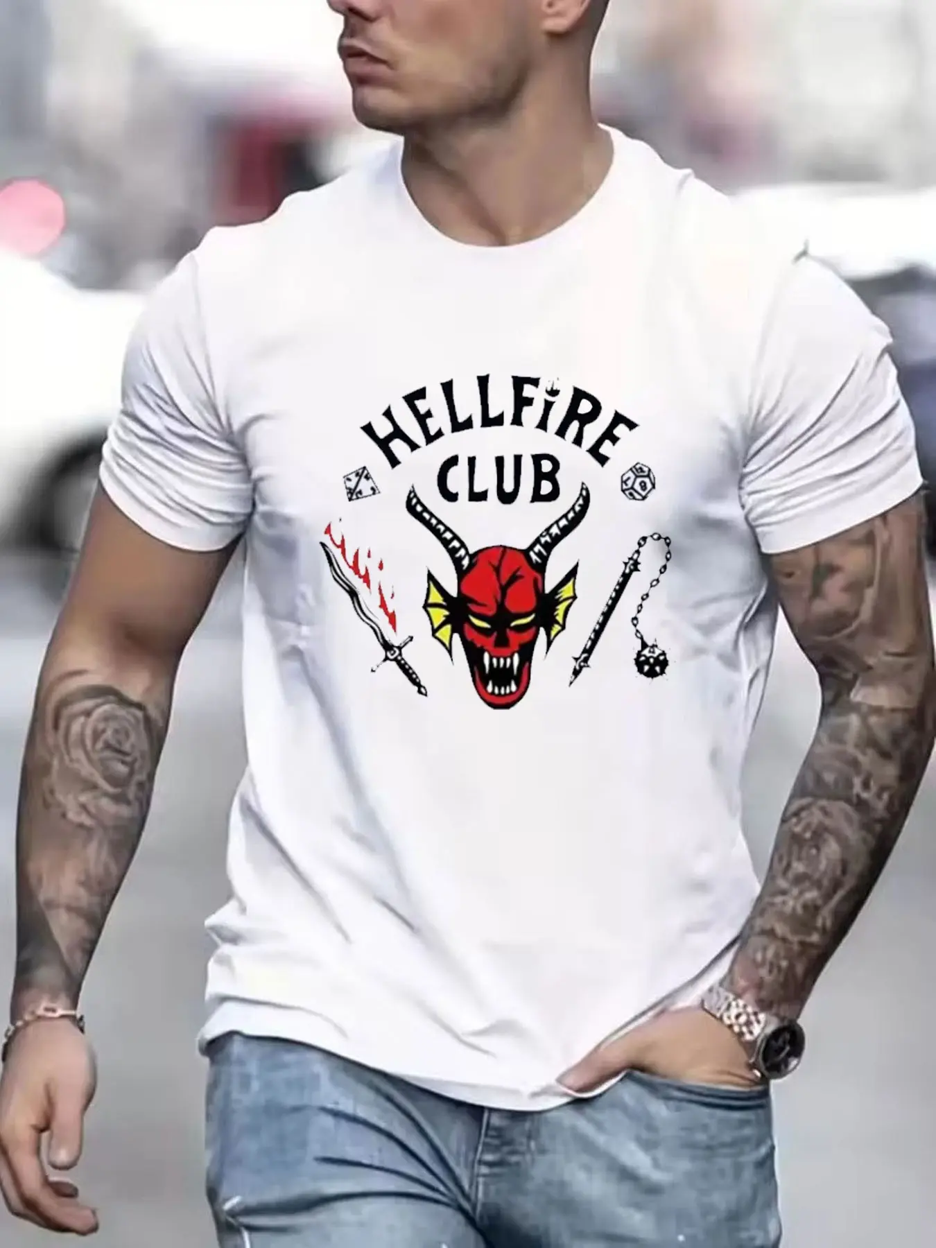 Hellfire Club Men's T-Shirt, Streetwear, Flame & Skull Graphic, Casual, Short Sleeve, Regular Fit, Suitable for Gym, Training, Daily Wear, Durable Fabric
