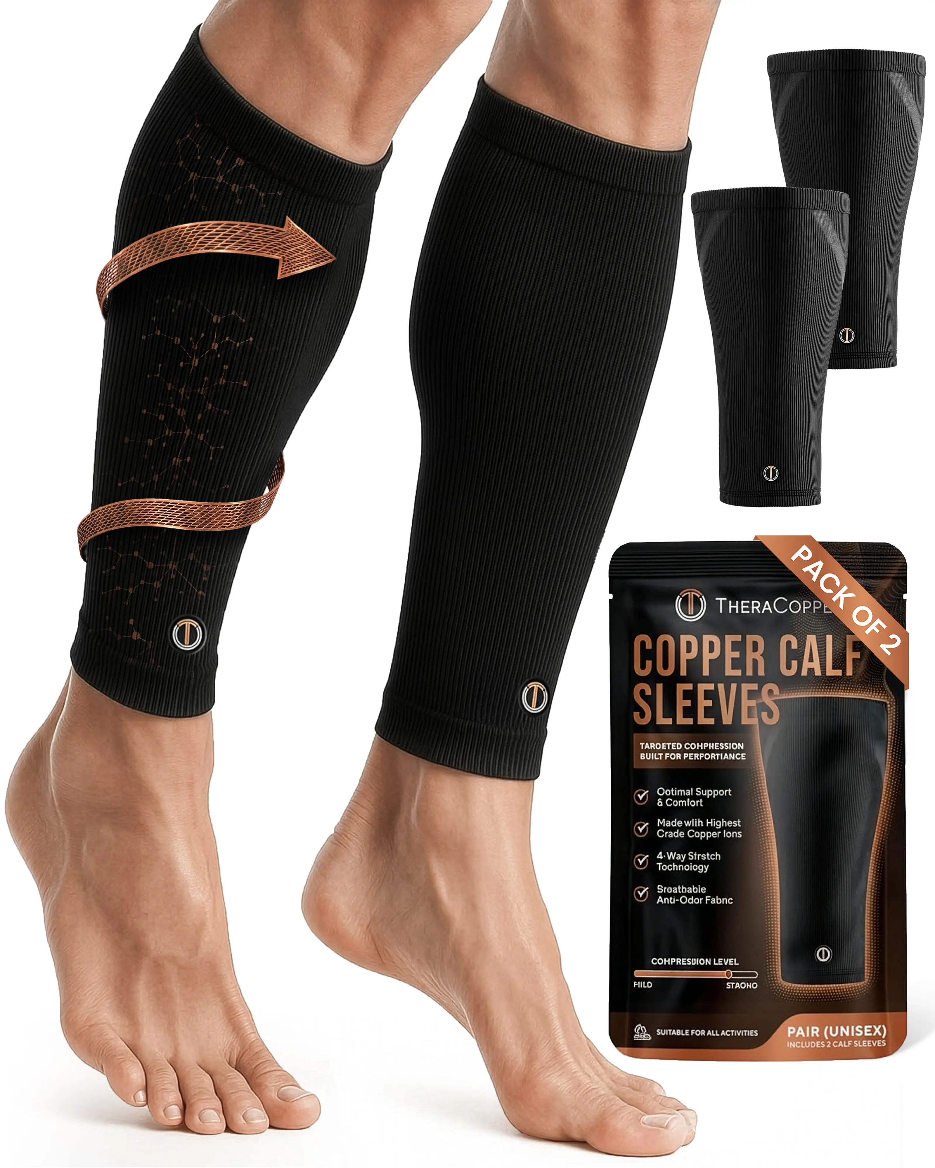 TheraCopper Copper Calf Compression Sleeve — Premium Copper Compression Shin Sleeve for Men & Women — Breathable & Non-Slip Leg Sleeves for Runners, Shin Splints, Muscle Recovery & Leg Fatigue