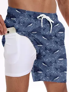 Men's Quick-Dry Whale Shark Shorts, Blue Starfish Print, Breathable Side Phone Pocket, Casual Fitted Short Pants, Natural Waist