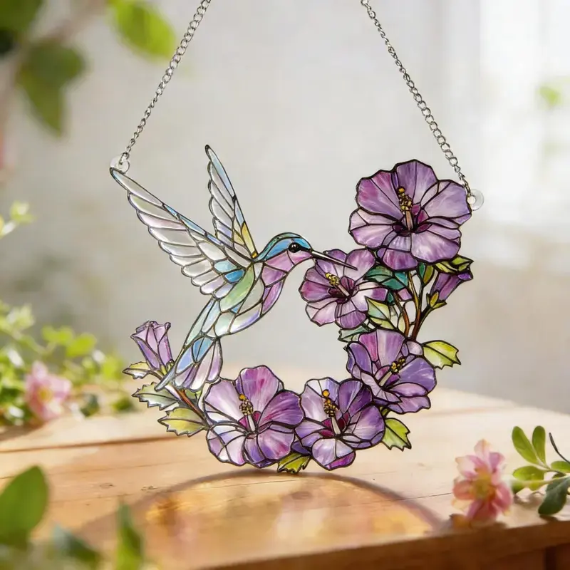 Hummingbird & Purple Hibiscus 2D Flat Acrylic Hanging Ornament - Stained Glass Effect Window Suncatcher with Chain, Bird Lover Home Garden Decor Gift