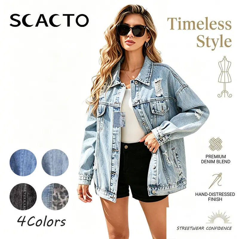 Scacto Women's Baggy Boyfriend Denim Jacket - Long Sleeves, Button-Down Collar, Ripped, Distressed, Tassel Detail, Comfortable Fabric, Plus Size, Pockets, Casual Everyday Women's Clothes Outerwear, Fringe, Style, Dating, Work, Check, New Year, Lady, Colla