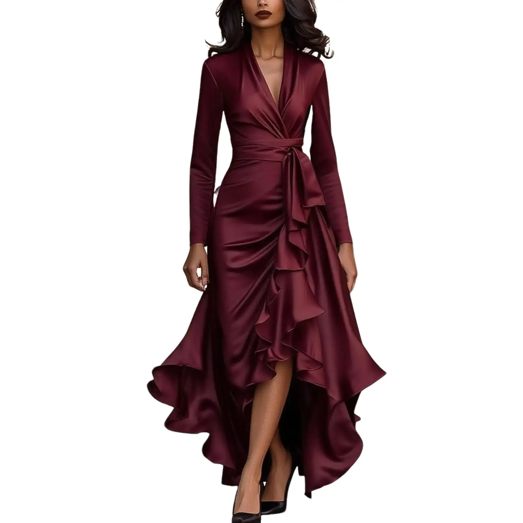 Lady's 2026 SYHAN Formal Gown - V-Neck Ruffled Polyester Long Sleeve Dress with Waist Definition, Chic Elegant Style Attire for Formal Wear, Wedding Guest