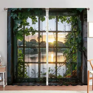 Garden Landscape Pattern Door Curtain, 1 Set Window View Print Door Curtain, Home Decor for Living Room Bedroom, Room Divider Curtain