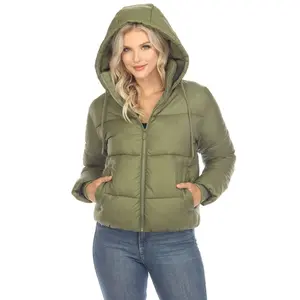 Women's Full Front Zip Hooded Bomber Puffer Jacket Olive Xlarge - White Mark