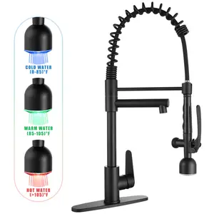 Kitchen Sink Faucet with LED Pull-Down Sprayer, Single Handle High Arc Commercial Kitchen Faucet, 360° Swivel Spring Design, Dual Spray Modes, Stainless Steel with Deck Plate