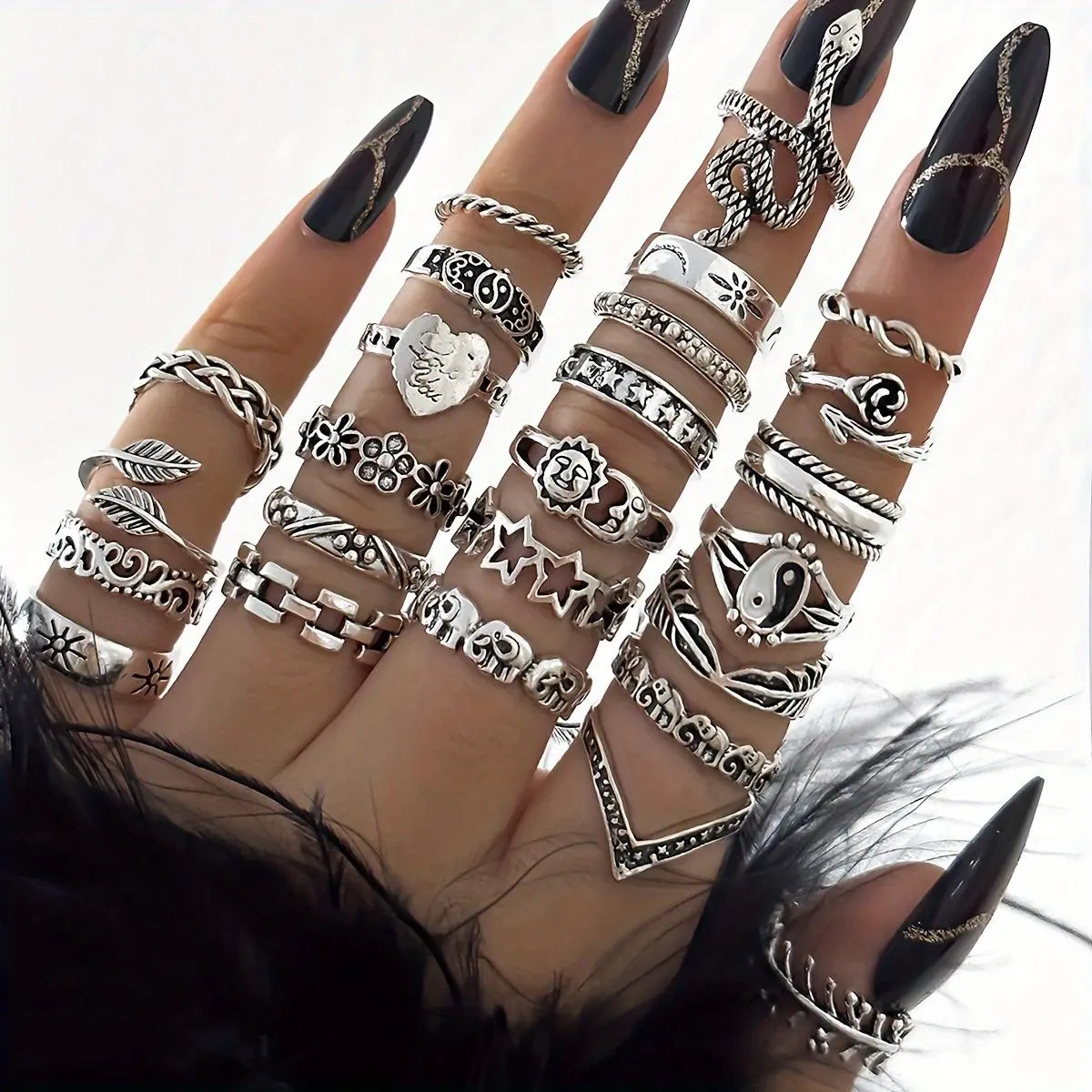 25pcs Vintage Bohemian Ring Set - Ethnic Moon, Sun, Star, Martial Arts Tree, Elephant, Snake & Love Phrases (Family/Power/Peace) - Stackable Collection for Daily Wear & Resort Outfits -