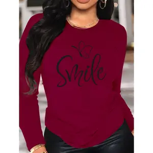 Women's soft long-sleeve shirt, smiley face print - casual long-sleeve top, black and white lettering, comfortable and stylish, suitable for spring, summer, autumn, and winter, long-sleeve shirt; round neck long-sleeve; comfortable outdoorfun